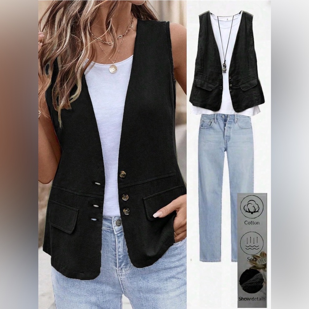 NWT Women’s Cotton Linen Vest Lightweight Sleeveless Button Down Top